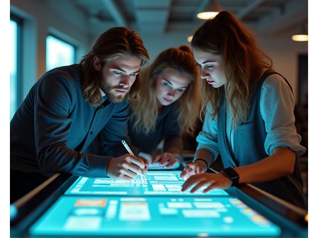 Developers collaborating on UI/UX mockups, emphasizing user experience focus