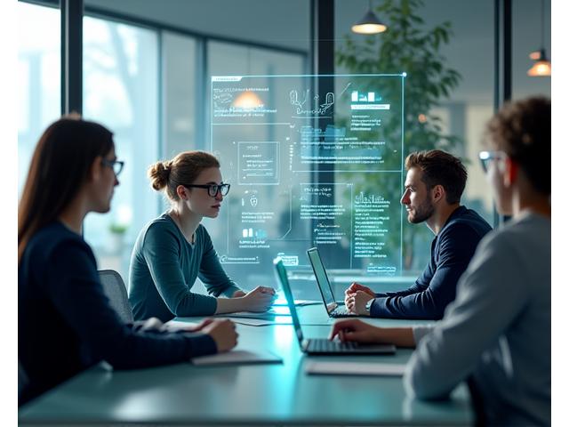 Diverse team members collaborating seamlessly across a digital interface in a hybrid work environment