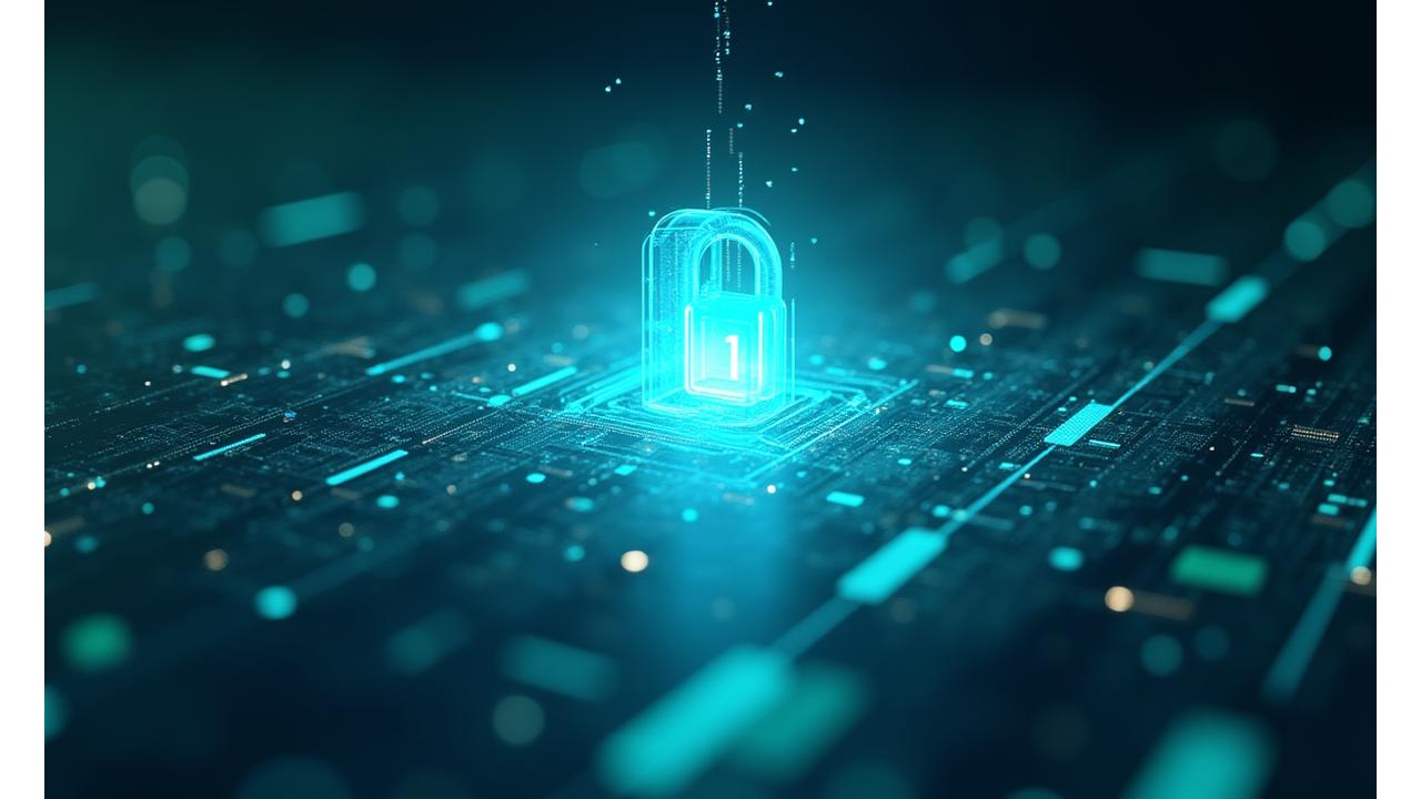 Abstract depiction of digital security layers protecting data, with compliance badges integrated