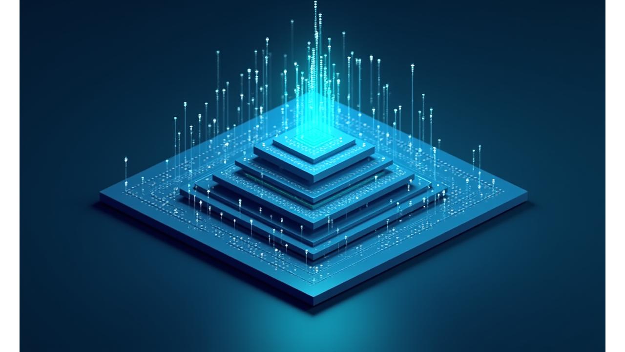 Illustration of a robust cybersecurity architecture with various layers of protection and data flow visualization