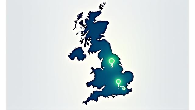 Stylized map of the United Kingdom with interactive dots representing remote client locations and service areas