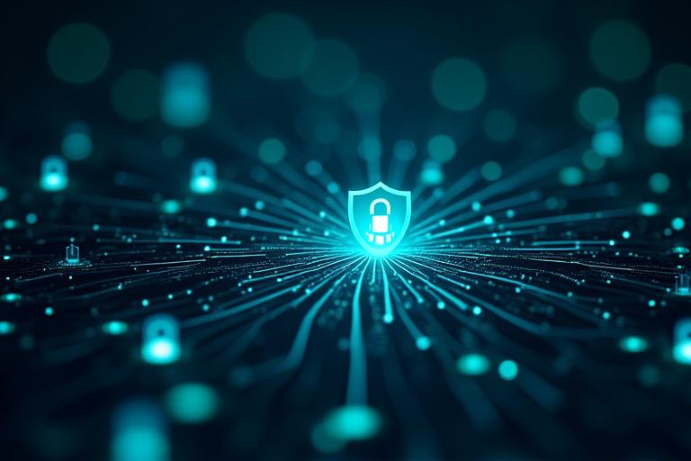 Secure data network on a screen with locks and shield icons