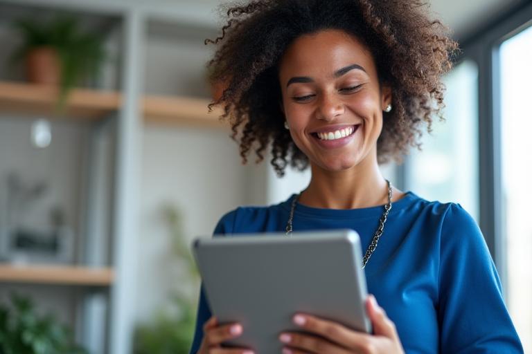 Small business owner smiling while managing finances on a tablet