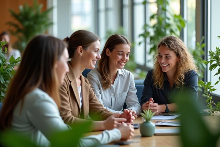 Team members collaborating happily in a modern, light-filled office