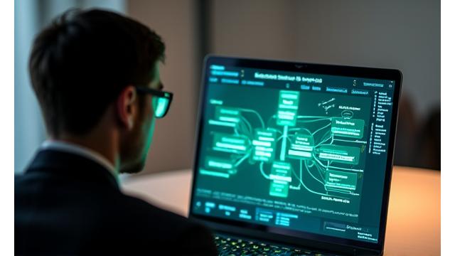Person analyzing a flowchart on a laptop