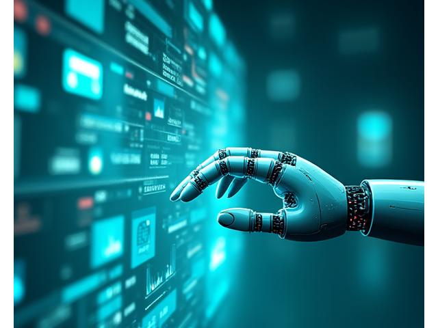AI robot arm interacting with data analytics on a screen