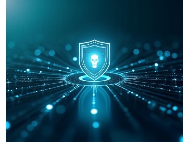 Stylized shield icon representing GDPR compliance and data protection, with digital lines flowing around it.