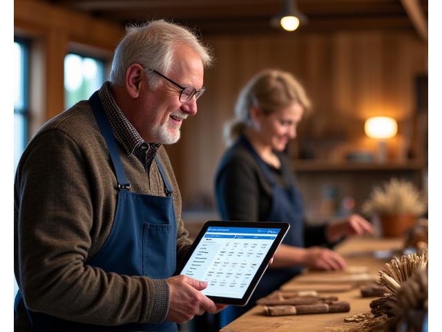 A family business owner reviewing a digital dashboard on a tablet, showcasing streamlined operations and sustainable growth indicators.