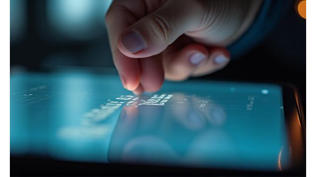 A hand pointing to a digital signature field on a glowing tablet screen, representing agreement acceptance.