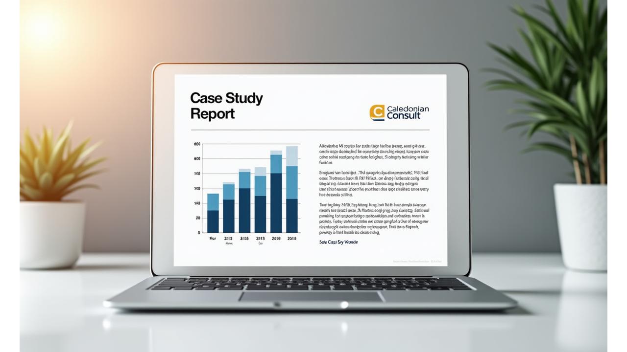 Mock-up of a detailed case study report showing charts and client testimonial from an Edinburgh consulting firm.