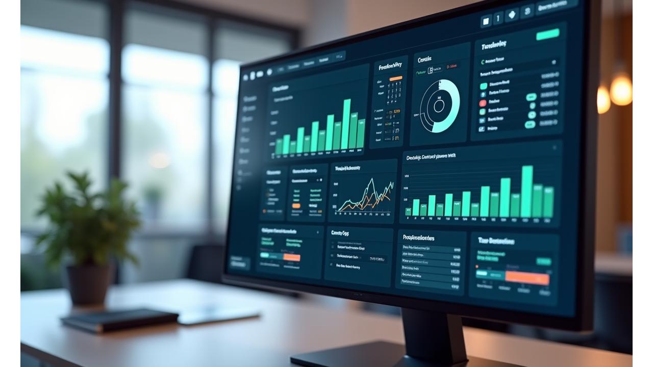 Interactive dashboard displaying time management analytics with charts and graphs, showing productivity patterns and resource allocation.