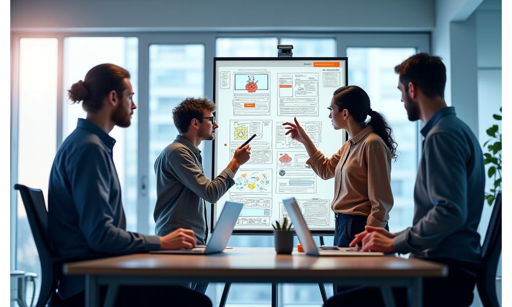 Illustration depicting a collaborative design team working together, showing communication, ideation, and digital tools in use, representing a streamlined workflow.