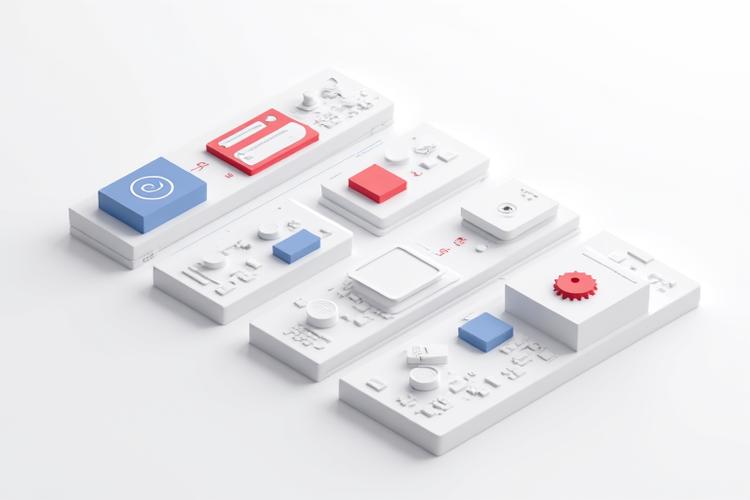 Illustration of a modular design system showing various UI components like buttons, input fields, and cards arranged systematically.
