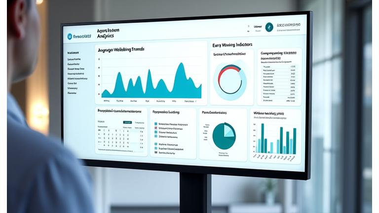Analytics dashboard displaying real-time employee wellbeing trends, team engagement scores, and personalized recommendations
