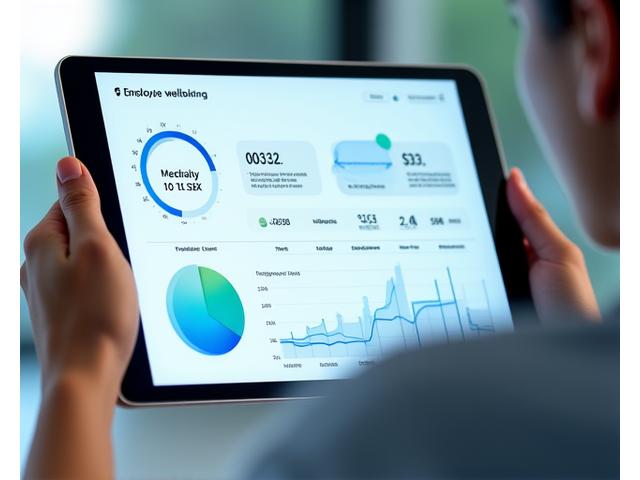 Interactive wellbeing dashboard showing employee mental health metrics, productivity gains, and engagement scores